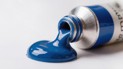 Obraz premium Premium blue paint squeezing from artist tube macro on white, art supplies creativity concept, editorial photography with copy space