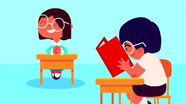 Little girls sitting at their desks in a light blue classroom while one reads a red textbook.