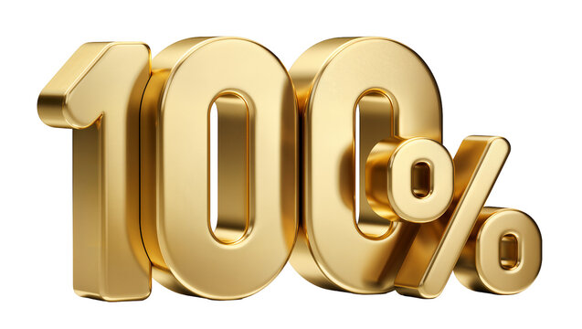 Shiny golden 100% symbol with metallic sheen, isolated on transparent background