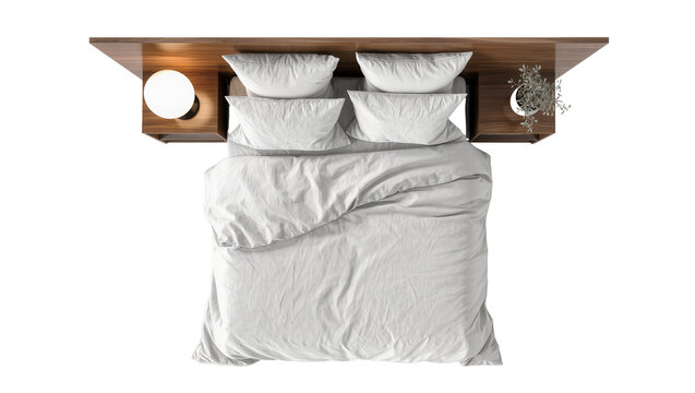 Top view of a wooden bed with white linens pillows and a bedside lamp, isolated on transparent background