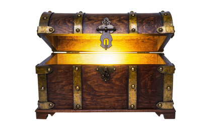 Antique wooden treasure chest with brass fittings glowing from within, isolated on transparent background © Maria