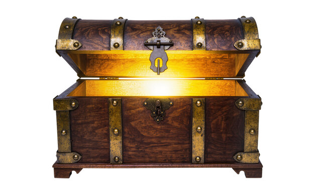 Antique wooden treasure chest with brass fittings glowing from within, isolated on transparent background