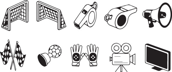 Isometric football elements collection with goal, goalkeeper gloves, referee flag and monitor icons. © MDARIFULISLAM