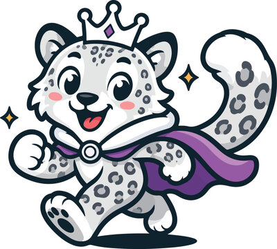 Cartoon snow leopard mascot with crown and purple cape running