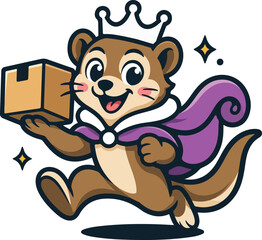 Fototapeta premium Cartoon otter mascot delivering package with crown and purple cape