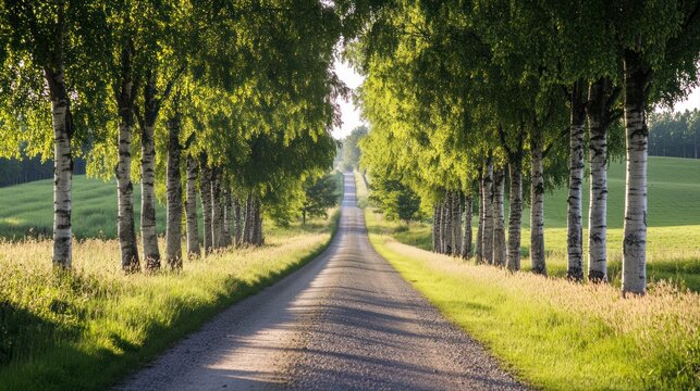 Sunlight Path Through Birch Tree Lined Road
