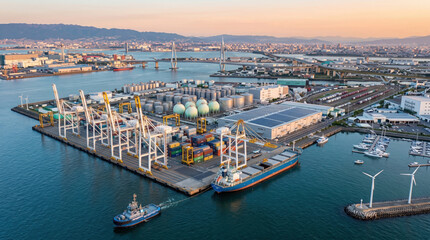 Obraz premium Aerial view of industrial port terminal with large cranes, cargo containers, and generated using ai