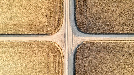 Fototapeta premium intersecting. Aerial view of two dirt roads intersecting in a golden wheat field. travel magazines, destination branding, designed for outdoor magazines and nature guides, used by interior designers.