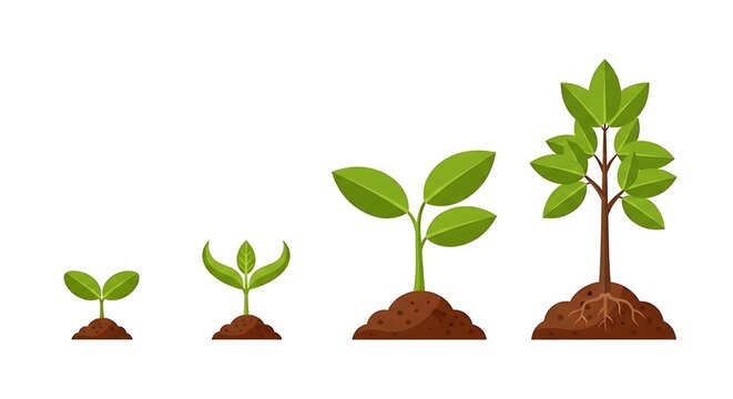 Four stages of plant growth from sprout to tree in soil with seedling, evolution