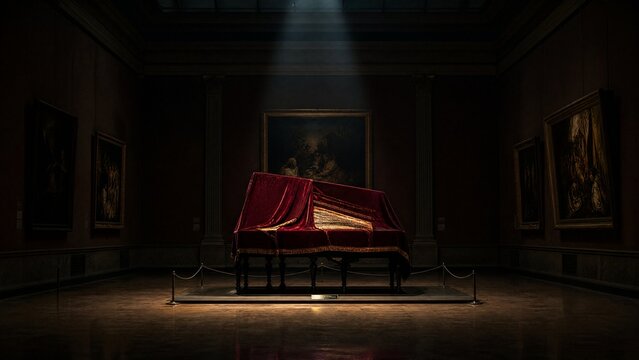 A museum gallery with a single harpsichord covered in velvet under a dramatic spotlight.