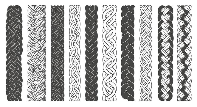 Set of various braided rope and decorative texture patterns with interwoven