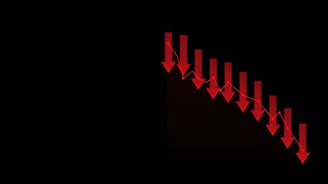 Red downward trend arrows with line graph isolated on transparent background