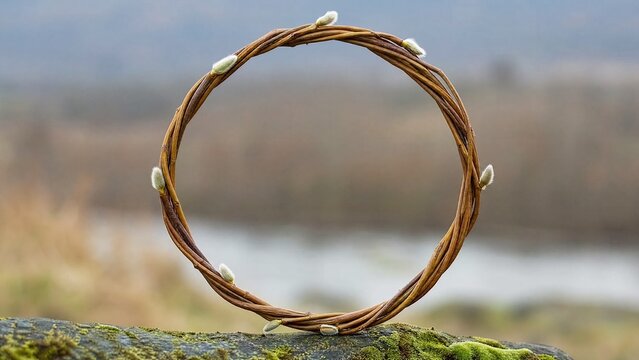A single osier branch bent into a perfect circle against a blurred natural background.