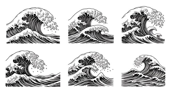 Collection of rough sea wave illustrations in engraved style with nautical