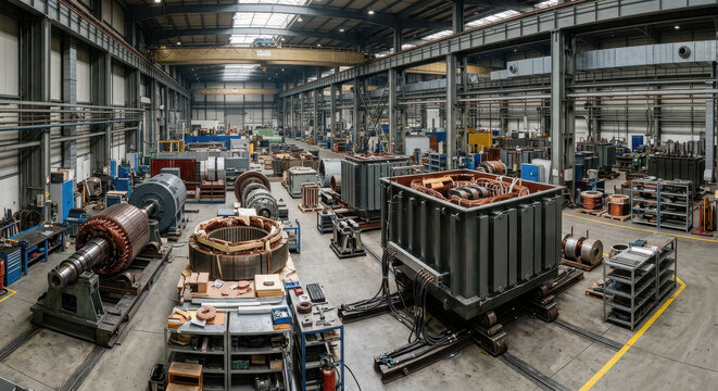 Spacious industrial factory interior filled with large-scale manufacturing machinery and equipment