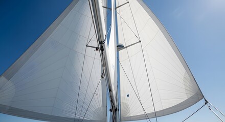 Fototapeta premium Looking straight up at the main mast and fully deployed white sails of a yacht in the wind.