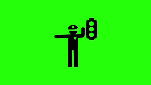 4K resolution video of a traffic cop directing vehicle cars near a traffic light post silhouette bouncing into view. Perfect city navigation tracking web icon.