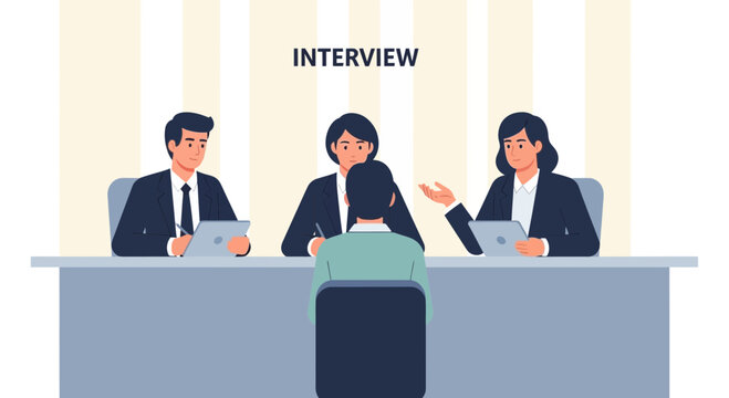 Job Interview Scene with Panel of Interviewers and Candidate in Modern Office Setting