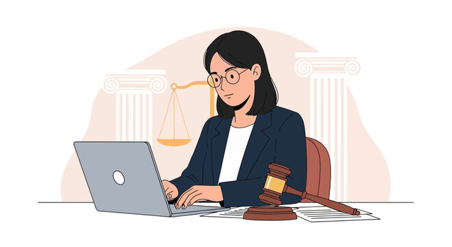 Lawyer working on laptop with gavel and scales of justice, representing legal practice and justice system