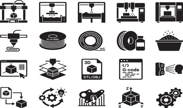 Collection of black and white representing 3 d printing technology and processes 3d printing 3d printer
