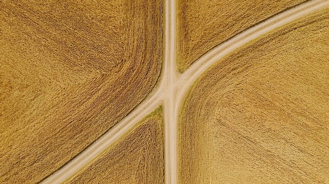 intersecting. Aerial view of two dirt roads intersecting in a golden wheat field. travel magazines, destination branding, designed for outdoor magazines and nature guides, used by interior designers.