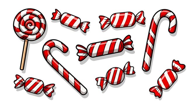 Set of red and white striped christmas candy sweets and lollipops with lollipop