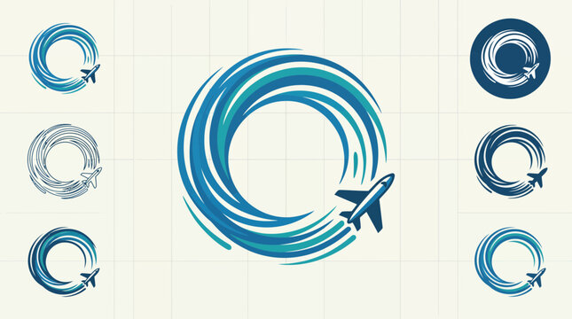 Collection of blue airplane circular motion graphics and icons
