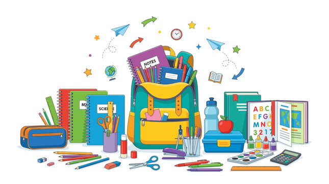 Colorful school supplies and books arranged with a backpack
