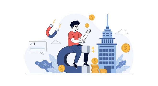 Man with Magnet Attracting Money and Business Growth - Vector Illustration