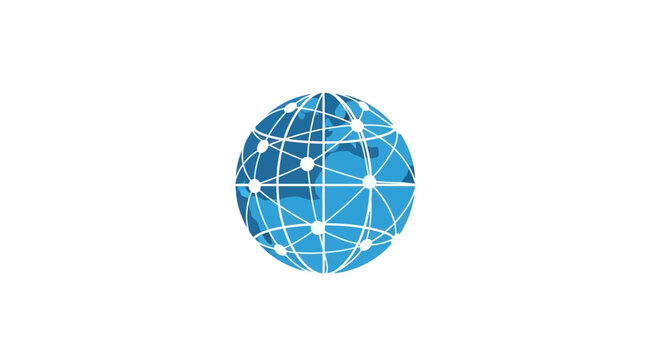 Blue globe with white lines and dots on a white background
