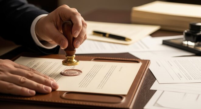 Close up of a man in a suit applying a wax seal stamp to a document, symbolizing legal approval and authentication
