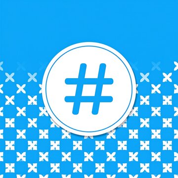 A blue background with a white circle containing a blue symbol, surrounded by a pattern of small white and blue marks