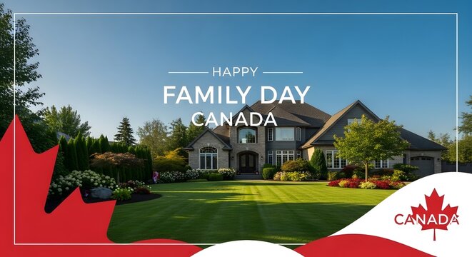 Happy family day canada suburban home with maple leaf border
