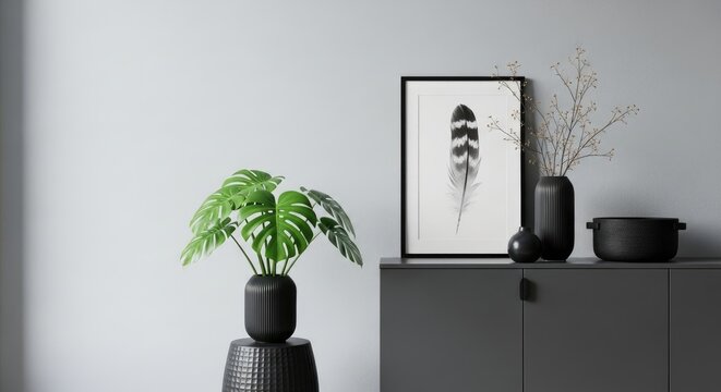 Modern minimalist living room interior with Monstera plant and framed feather art, dark decor, neutral gray wall and cabinet, atmospheric lighting