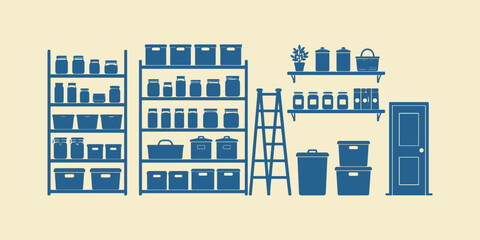 Naklejka premium Storage Room and Warehouse Organization Equipment Icons Set with Shelving Units, Containers and Utility Supplies Vector Illustration