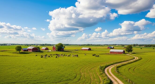 Pastoral countryside landscape with red barns and cows grazing in a lush green field under a blue sky with fluffy clouds, rural scenery