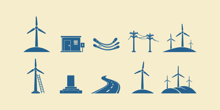 Wind Energy and Renewable Power Generation Icons Set with Wind Turbines, Power Station and Sustainable Energy Infrastructure Vector Illustration