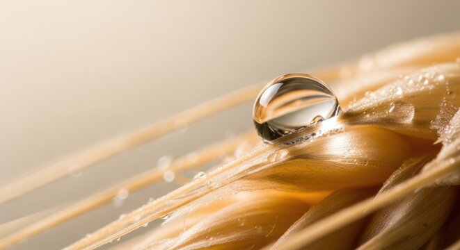 Macro extreme closeup of a single transparent water droplet resting on a golden wheat stalk with tiny dew drops, soft focus background, natural beauty, freshness