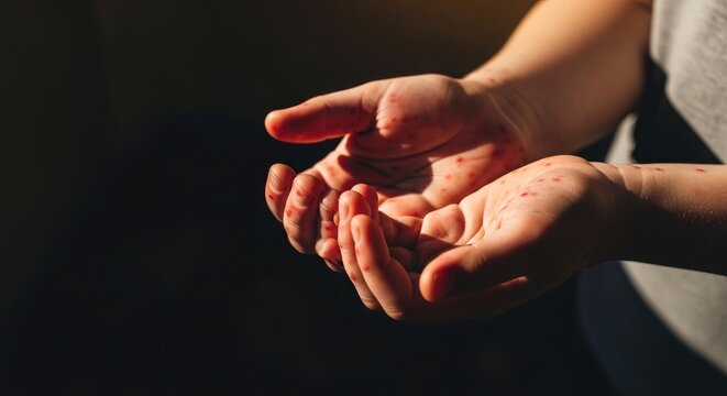 Close-up of dirty hands with red specks, outstretched palms catching light, conveying struggle or need