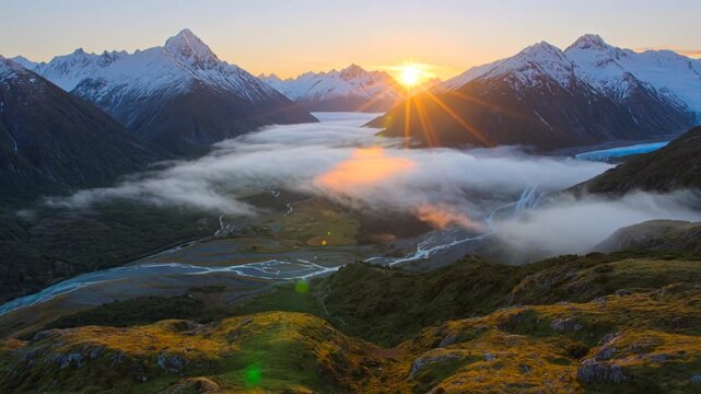 Cinematic slow-motion aerial drone shot over New Zealand at golden hour sunrise: emerald valleys, Southern Alps peaks, turquoise rivers, misty fjords, waterfalls, god rays
