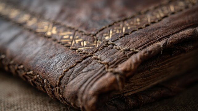 Close-up of an antique leather-bound book with intricate stitching and embossed patterns on the spine, resting on a textured fabric surface