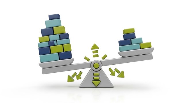 Unbalanced scale with stacks of colorful blocks