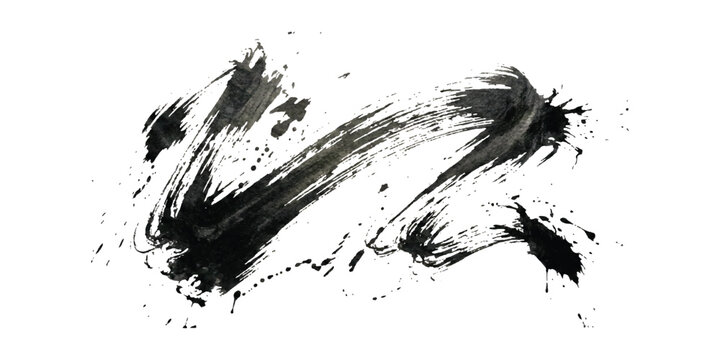 Black ink brush stroke with messy splatter texture