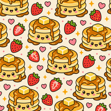 Cute Kawaii Pancake Seamless Pattern with Strawberries, Butter and Maple Syrup &ndash; Flat Vector Cartoon Background