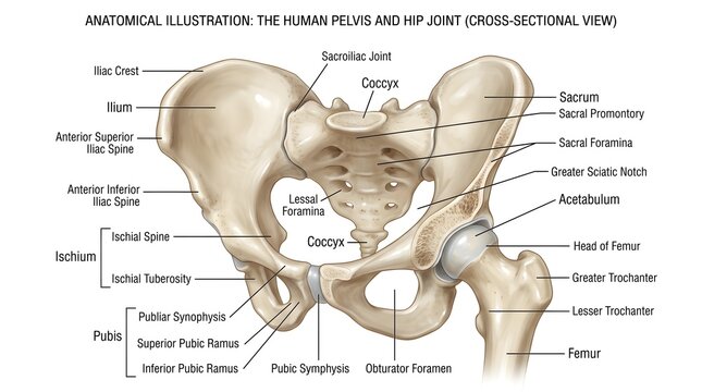 Anatomical illustration of the human pelvis and hip joint cross‑sectional view detailing ilium, ischium, pubis, sacrum, sacral promontory, acetabulum, femoral head and neck, pubic symphysis, obturator