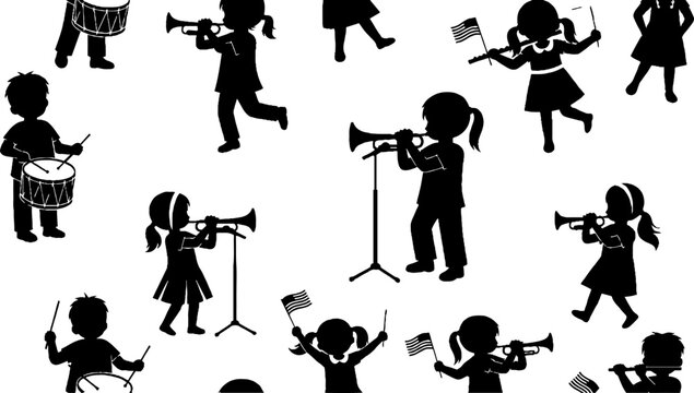 Silhouette Children Playing Various Musical Instruments Together.