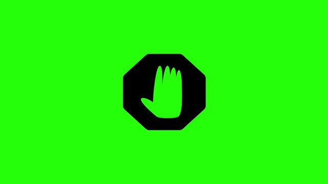 Dynamic 4K resolution asset showing a stop hand sign inside a hexagon warning border silhouette bouncing. Playful popup security restriction icon.