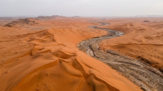 Aerial view of a winding dry riverbed cutting through the vast orange sand dunes of the arabian desert