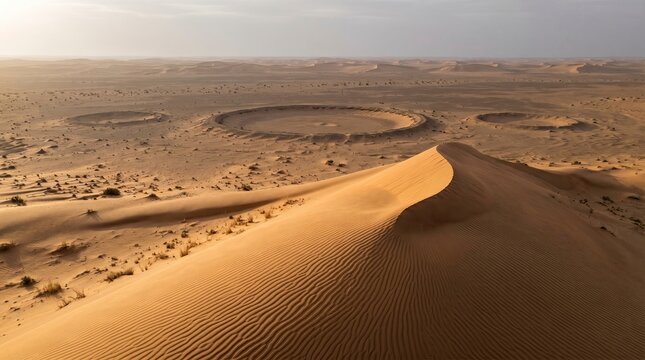 Aerial view of the wabar craters in the rub al khali desert, saudi arabia, featuring circular impact sites in sand dunes