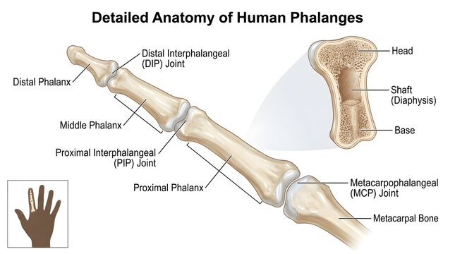Detailed anatomy of human phalanges showing metacarpal head, metacarpophalangeal (MCP) joint, proximal, middle and distal phalanges, proximal and distal interphalangeal joints plus inset long‑bone ill